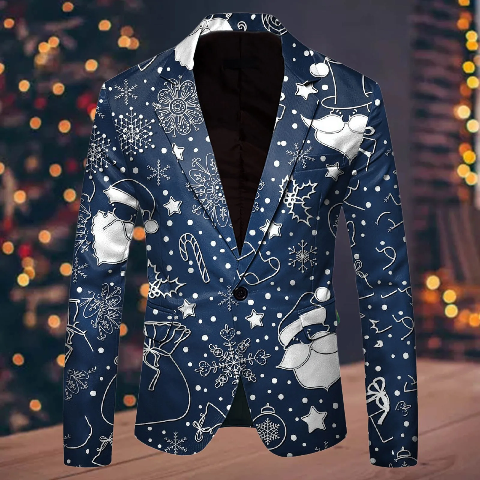 Men Christmas Snowflake Santa Printed Blazer Pocket Lapel Button Suit Slim Fit Elegant Single Breasted Party Wear Suit Jacket