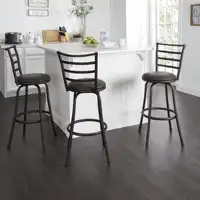 3-Pack Indoor Adjustable 24" or 29" Bronze Ladder Back Swivel Barstool, Espresso Vegan Leather Seat 1