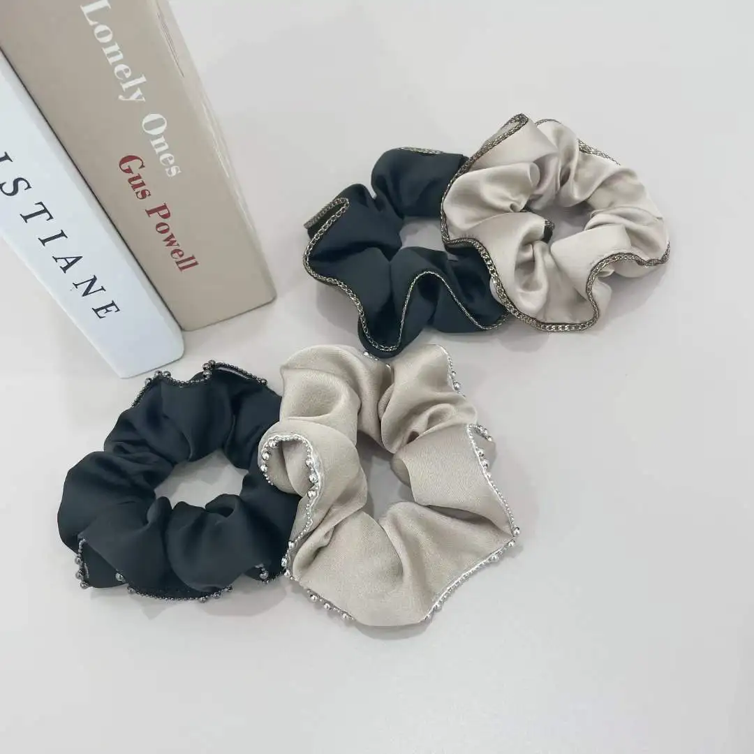 Korean Scrunchie Women Luxury South Korean Satin Fabrics Metal Beads Lace Ornament Scrunchies Solid Flower Hair Bands Newest