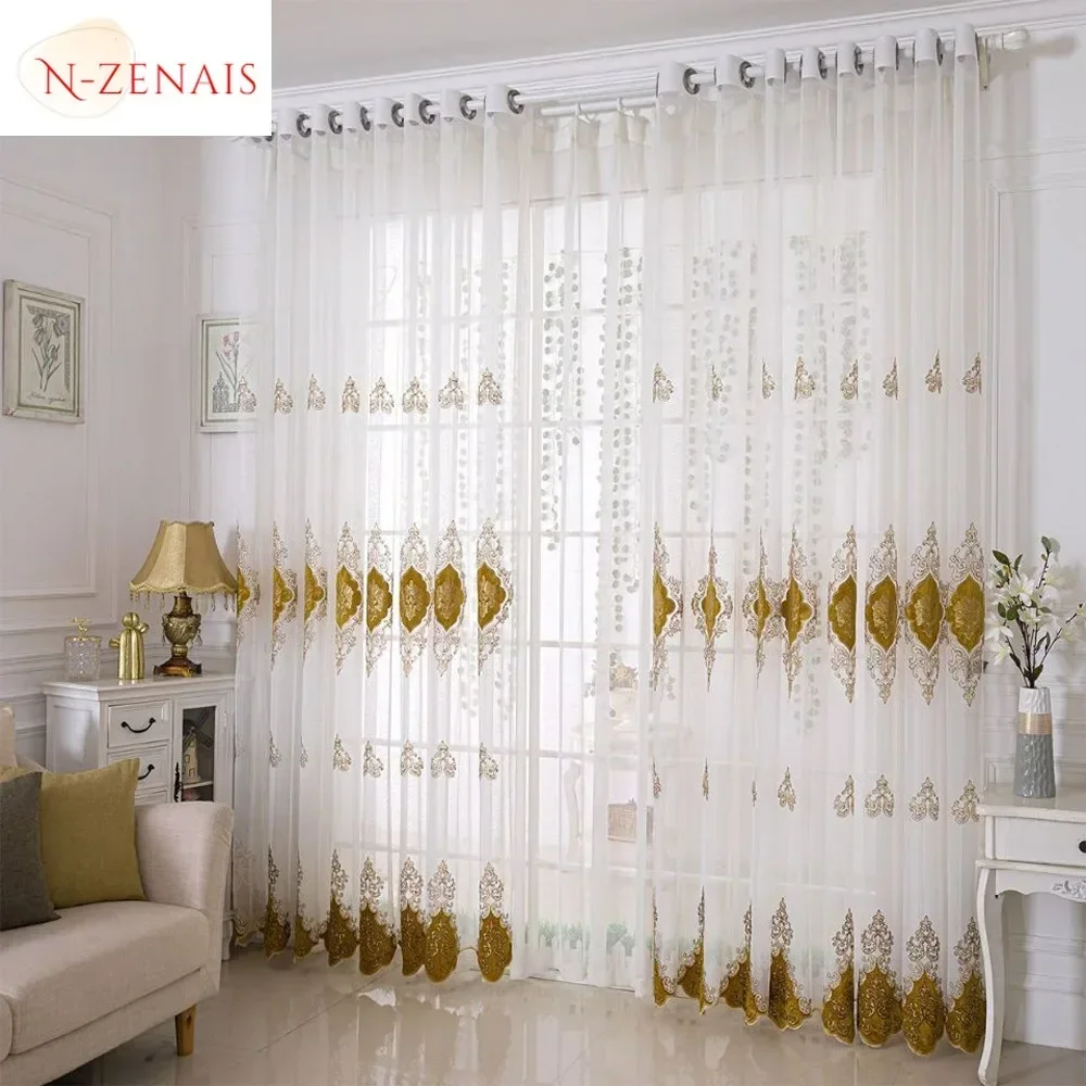 European Embroidered Tulle Blue Curtains for Living Room Bedroom Luxury Sheer Window Screen Velvet  Coffee Drape Voile Door