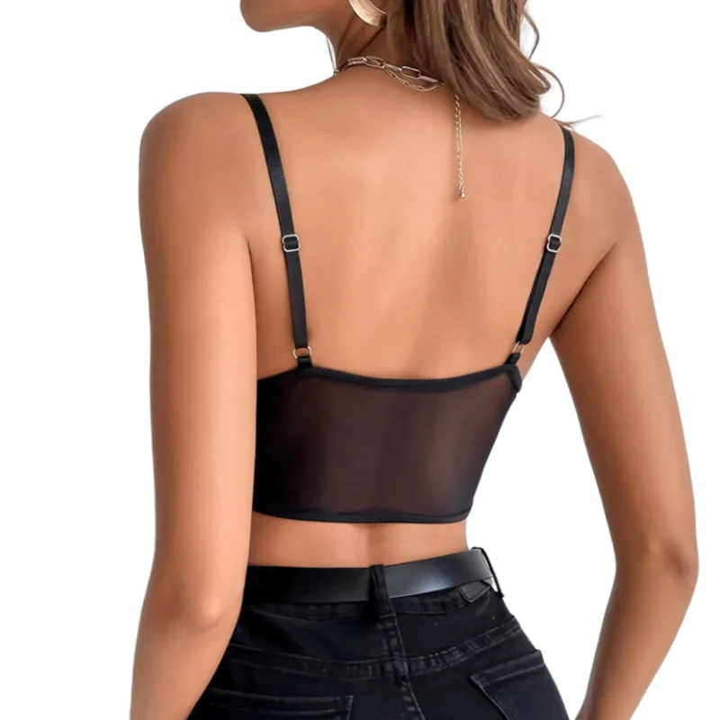 Women Sleeveless Camisole with Adjustable Bandage Lace Backless Sexy Mesh Perspective Summer Clothing Club Wear lace camisole