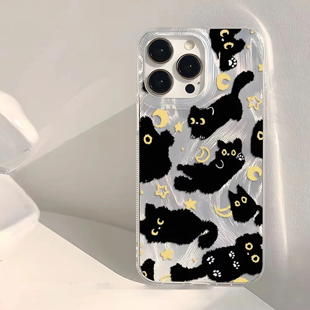 Chic Black Cat Phone Case with Laser Silver Feather Texture - Shockproof Cover