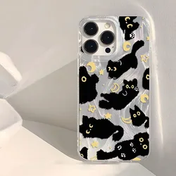 Chic Black Cat Phone Case with Laser Silver Feather Texture - Shockproof Cover - iPhone 15 (Clear - YYDSY2831)