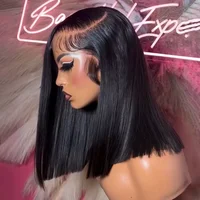 Perruques Bob à densité 220 %, lisses, en cheveux humains, avec dentelle frontale 13x4, en cheveux brésiliens Remy, pré-épilées, 16 pouces 1