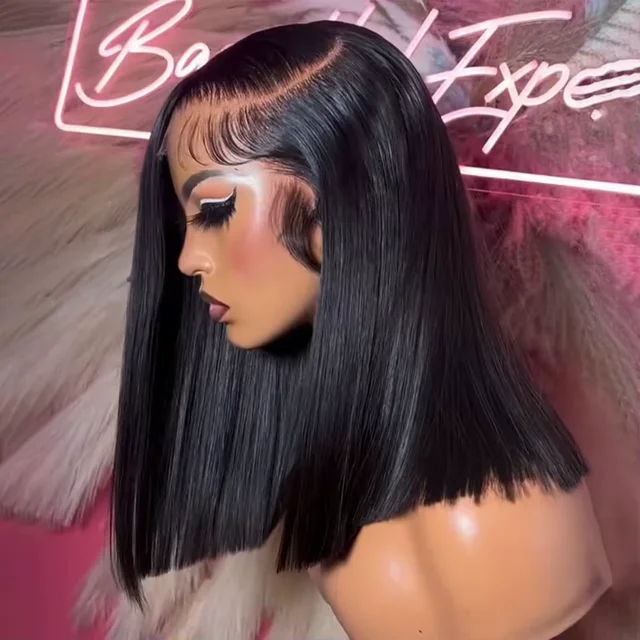 Perruques Bob à densité 220 %, lisses, en cheveux humains, avec dentelle frontale 13x4, en cheveux brésiliens Remy, pré-épilées, 16 pouces 1