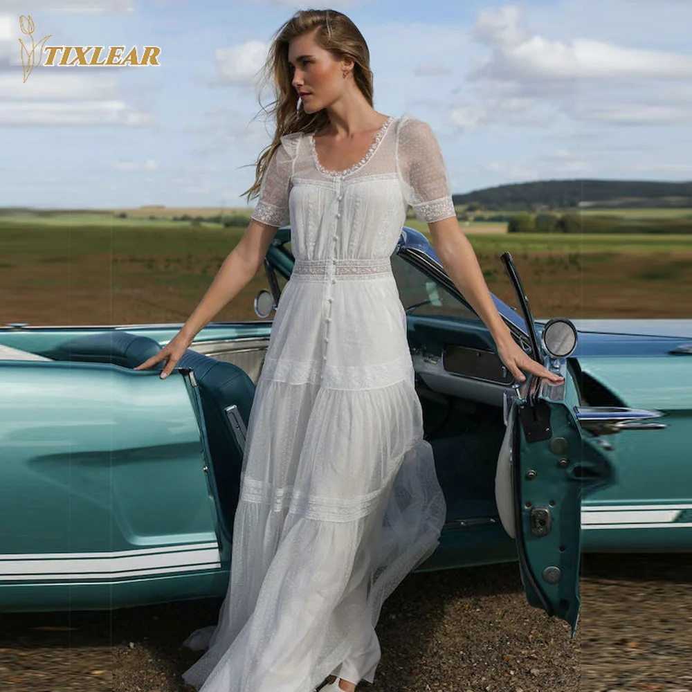 

TIXLEAR Boho Wedding Dresses Elegant O-Neck Illusion Tulle Lace Appliques Bridal Gowns A-Line Sweep Train Vestido De Novia New