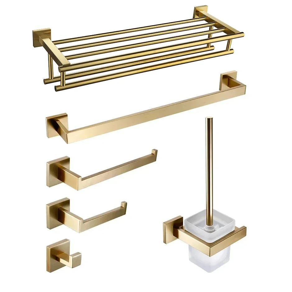 Brushed Gold Towel Rack Towel Bar Toilet Paper Holder Toilet Brush Holder Towel Ring 304 stainless steel Bathroom Hardware Set
