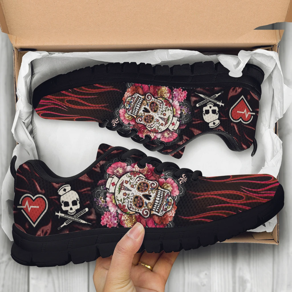 

INSTANTARTS New Nurse Skull Design Lightweight Outdoor Flat Shoes Casual Sneakers for Women Lace-Up Brand Design Light Walk Shoe