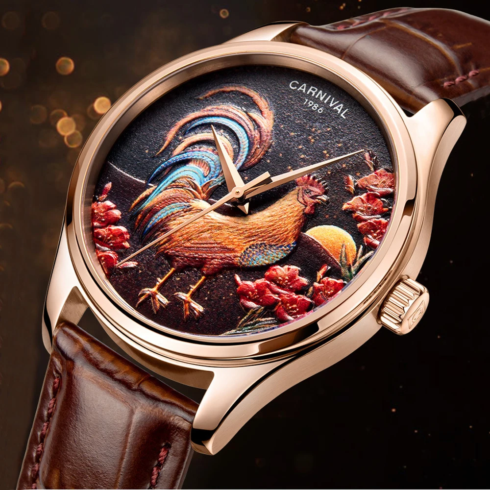 CARNIVAL Fashion 3D Rooster Pattern Unique Design Men Sapphire Watches MIYOTA Automatic Mechanical Watch Leather Strap New maikun men s automatic belts for men leather belt for business casual crocodile pattern belt