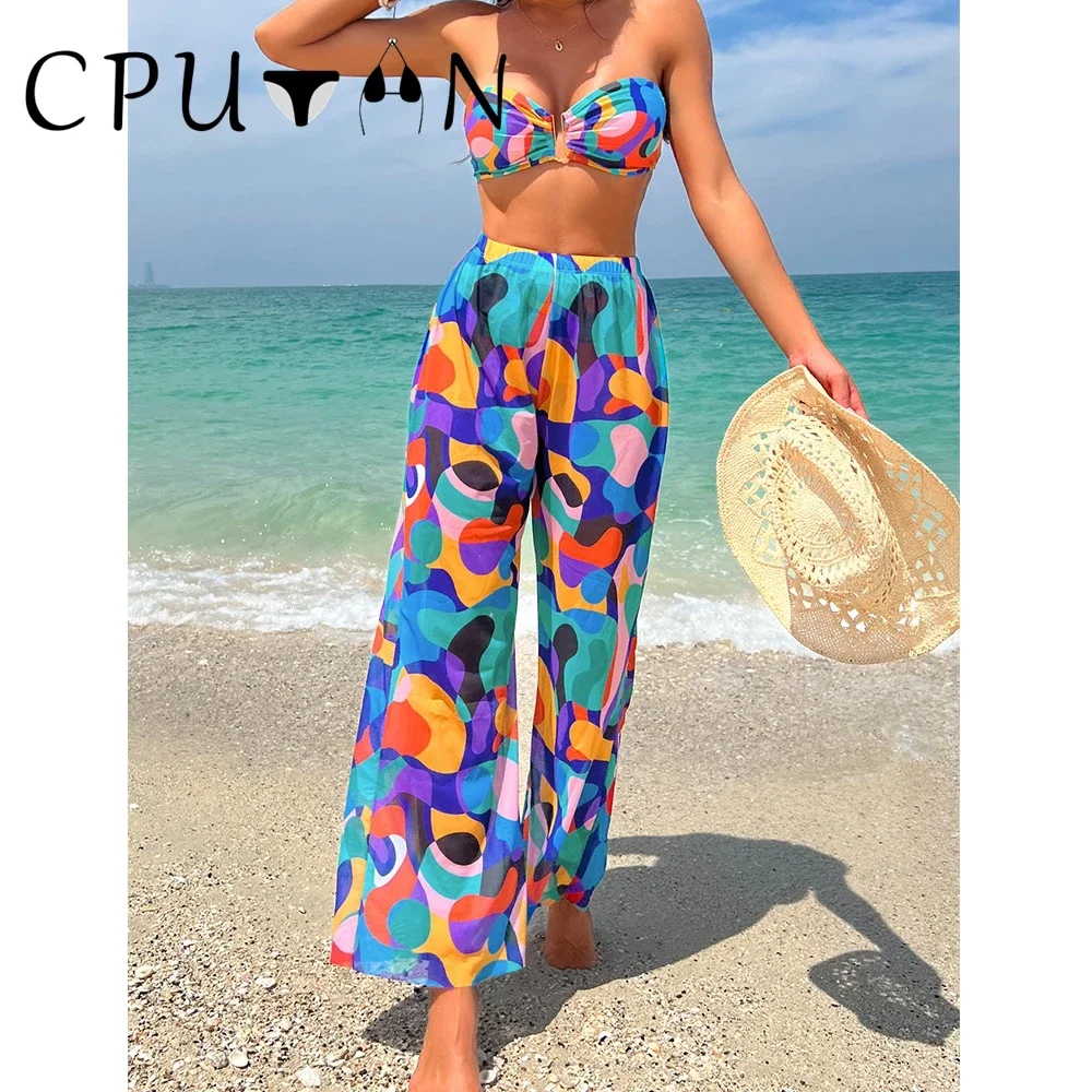 

CPUTAN 2023 Sexy Halter 3D Flower Women Swimwear 3 Pieces High Waist Bikini Swimsuit Beach Skirt Bikinis Set Bathing Suit Dress