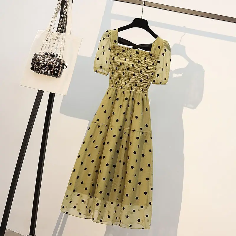 

Korean Polka dot Midi dress Ladies Fashion Pullovers Summer square collar dresses 2024 New elegant A-line skirt Women's Clothing