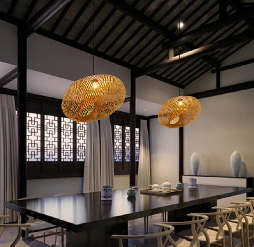

100% hand woven bamboo and wood chandelier, suitable for hotel garden, dining room, study, living room, lighting, handmade lamp