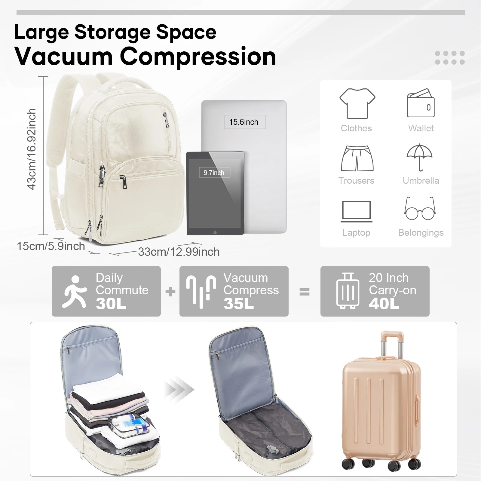 Aviation Approved Carry-On Backpack, Vacuum Compression Backpack For Women Men, Vacuum storage Bag Space-Saving,College Backpack