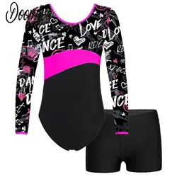 Kids Girls Long Sleeve Gymnastics Leotard with Shorts Ballet Unitard Set 2 Piece Dance Sports Workout Outfits for Children