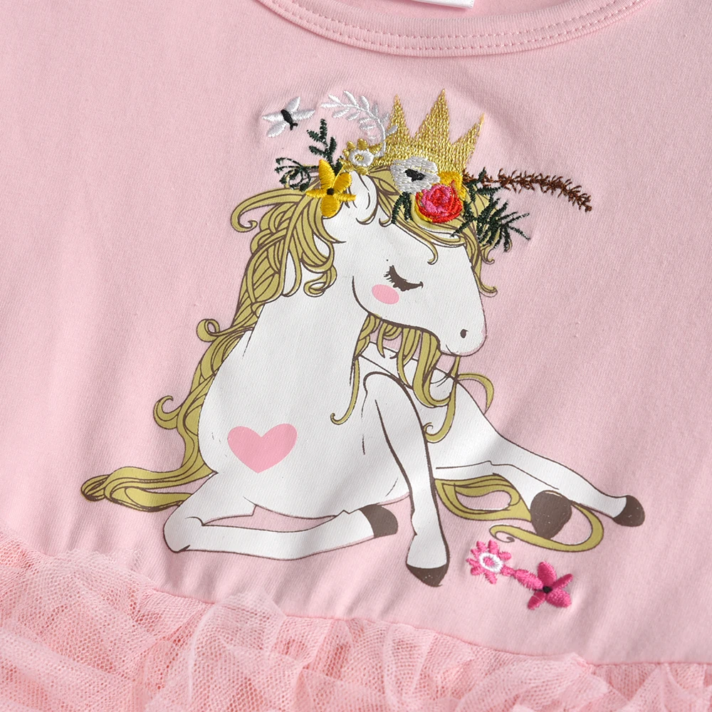 VIKITA Girls Licorne Print Cartoon Dress Kids Spring Autumn Winter Long Sleeve Pink Layered Tulle Mesh Tutu Princess Party Dress