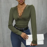 Benuynffy Sexy Deep V-neck Contrast Lace Bodysuit Women's Spring Fall Long Sleeve Club Party Elegant One-piece Body Tops - Image 6