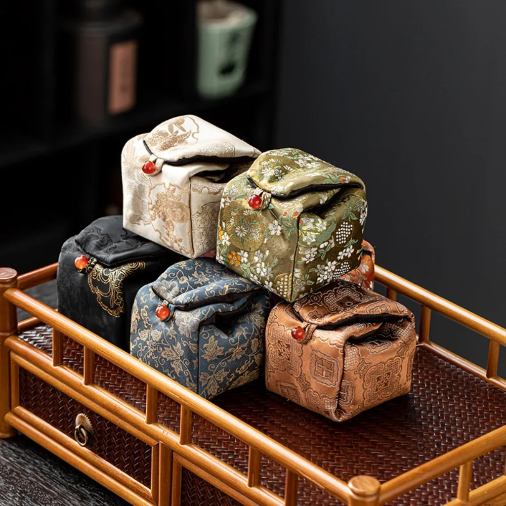 Retro Brocade Tea Bag Chinese Style Brocade Fabric Tea Cup Storage Bag Entangled Lotus Pattern Portable Pot Camping