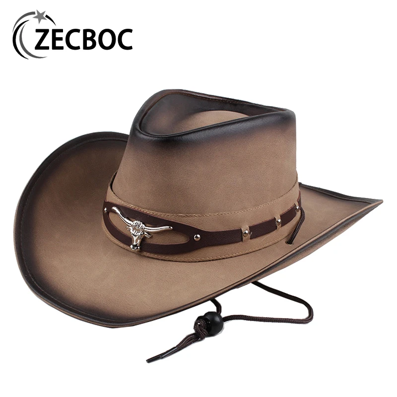 Western Cowboy Hats Women Men With Rope Wide Brim Fedora Hat Metal Bull Head Decoration Genuine