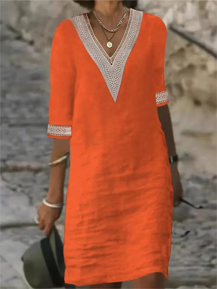 

Womens Vintage Mini Dresses 2024 Summer Fashion Solid V Neck Loose Lace Up Dress Female Casual Short Sleeve Beach Dress Vestidos