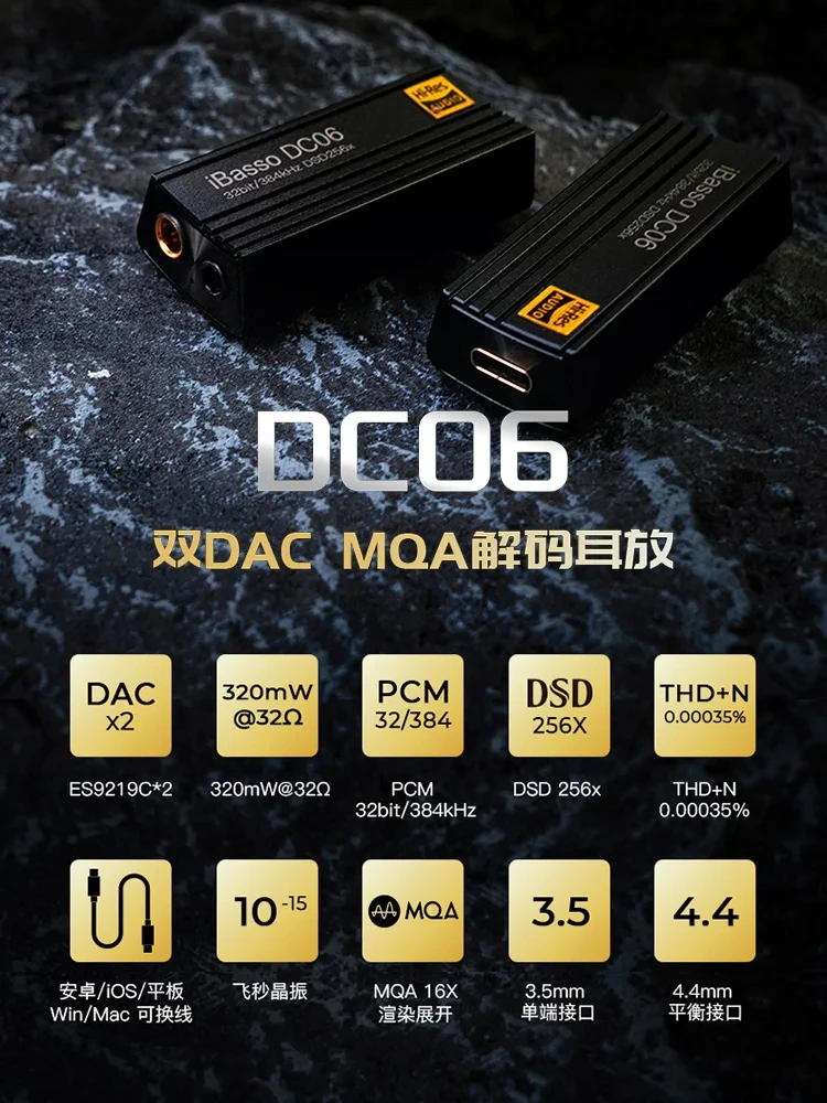 iBasso DC06 Dual DAC Support MQA Decoding Amp USB Type C to 3.5mm 