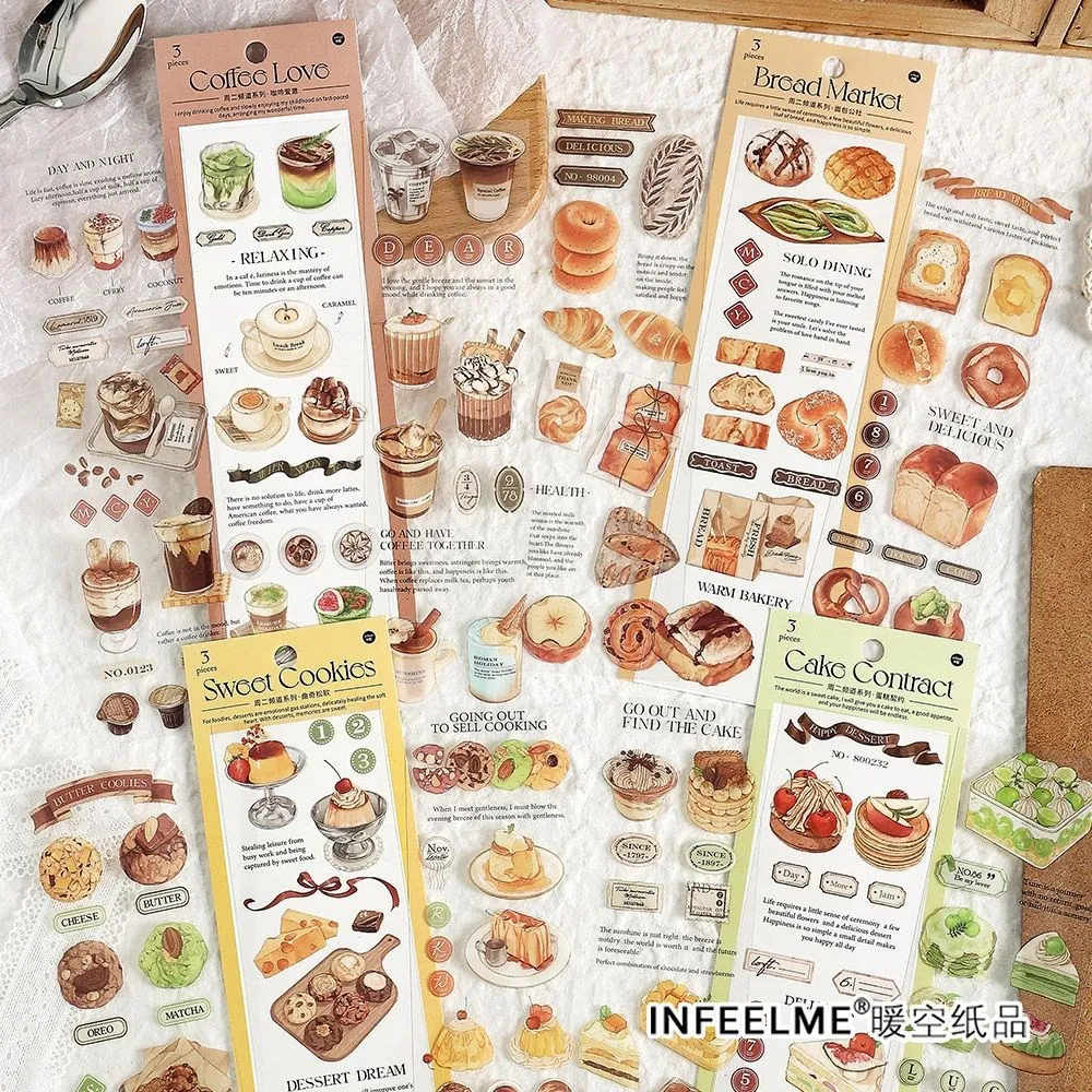 3 Sheets/pack Bread Ice Cream And Coffee Stickers Yummy Food Transparent PET Stickers for Scrapbooking Embellishments