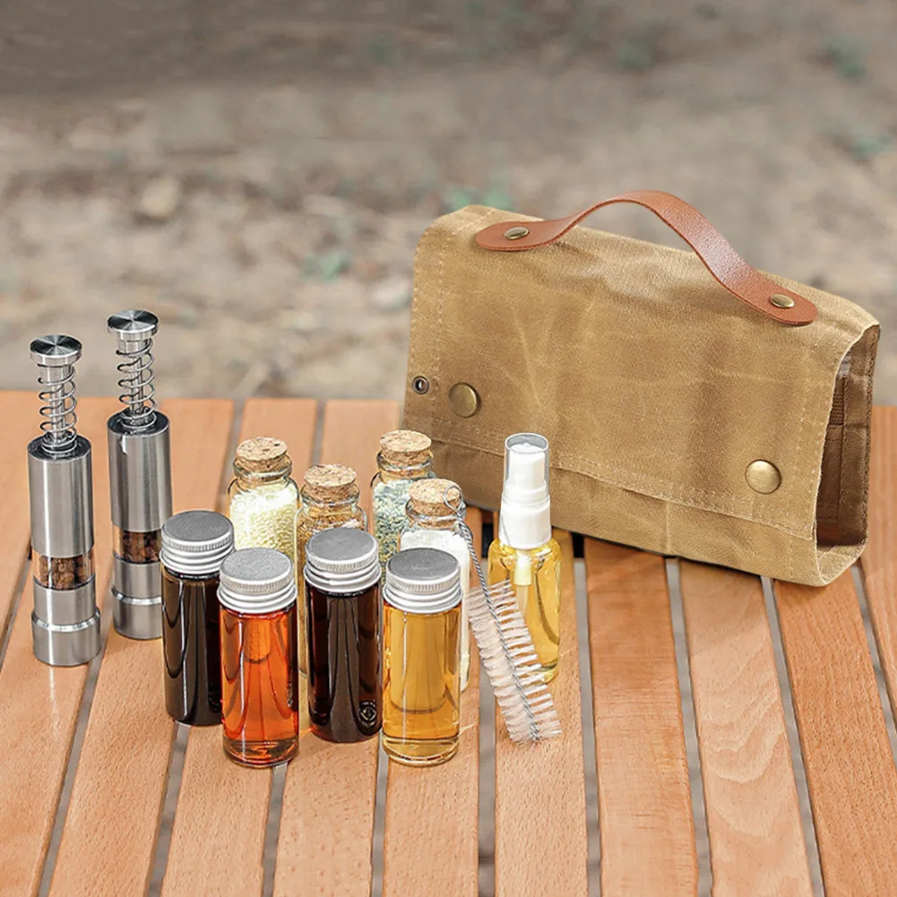 12pcs Spices Bottle Kit with Grinder Portable BBQ Spice Bottle Condiment Jar Holder Storage Bag Travel BBQ Camping Supplies