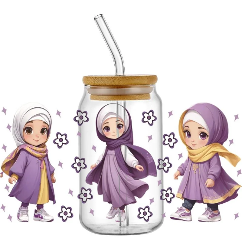 

Miniso Muslim Girls Pattern Waterproof Stickers, DTF UV Transfer Decals for Wrapping 16oz Glass Cups