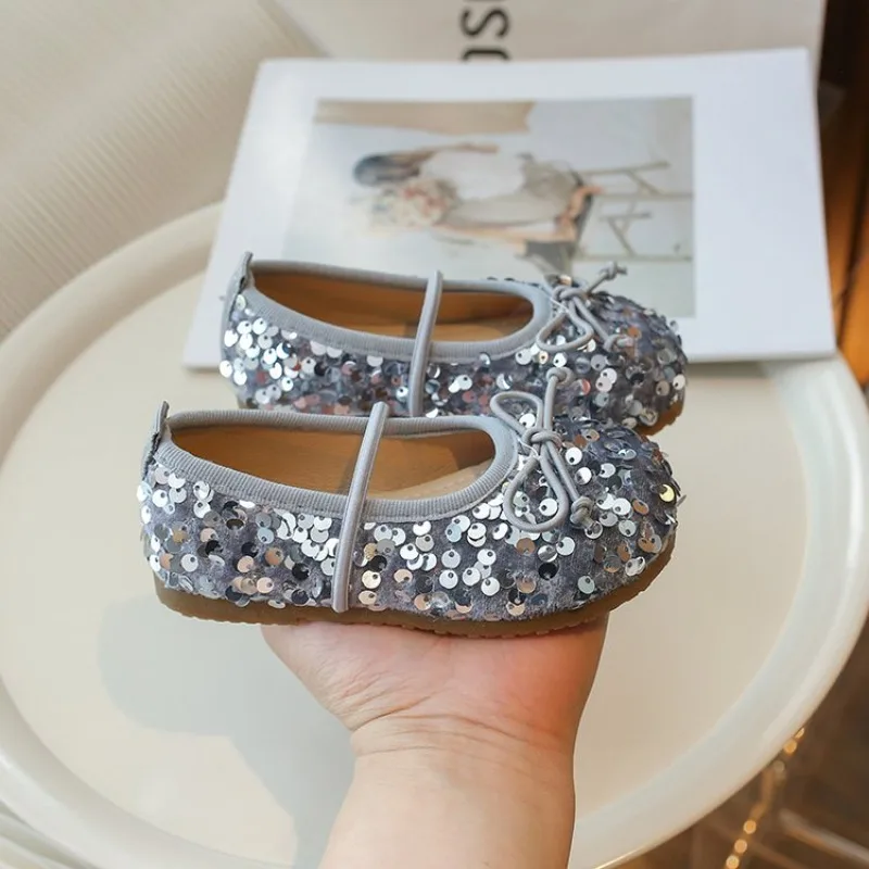 Girls' Shoes 2025 Spring New Fashion Little Girl Sequin Princess Shoes Soft Sole Girls' Shallow Mouth Single Shoes Breathable - 5