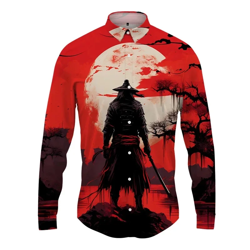 thumbnail image 1 of Camisa de solapa con estampado 3D de samurái japonés para hombre y mujer, camisas casuales de moda de manga larga, blusas con botones, ropa unisex de gran tamaño, 1 of 4