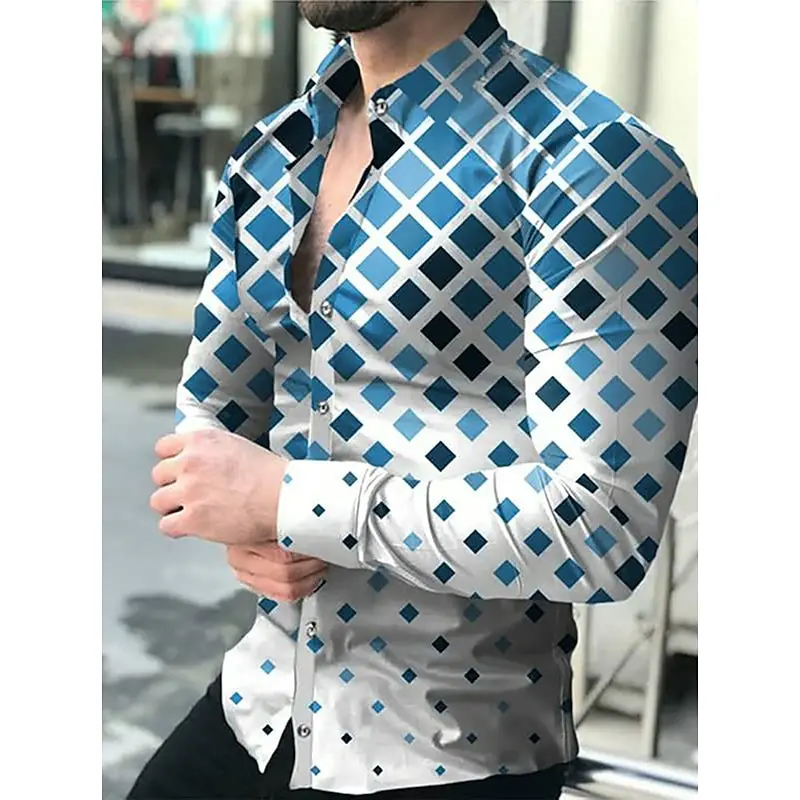 

Men's shirt plaid stripe print geometric lapel outdoor street long sleeve button clothing design casual and soft