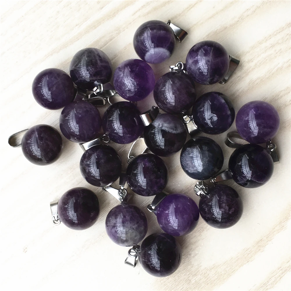 

Wholesale 24PC/Lot Fashion Natural Amethysts Purple Crystal Stone Round Ball Pendant Necklace For Womem Jewelry Making 14MM