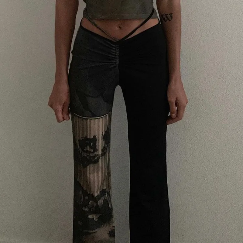 Gothic Y2k Women's Pants Punk Sexy Waist Tether Suckling Tie Dye Printing Contrast Color Stitching Woman Trousers Street Wear