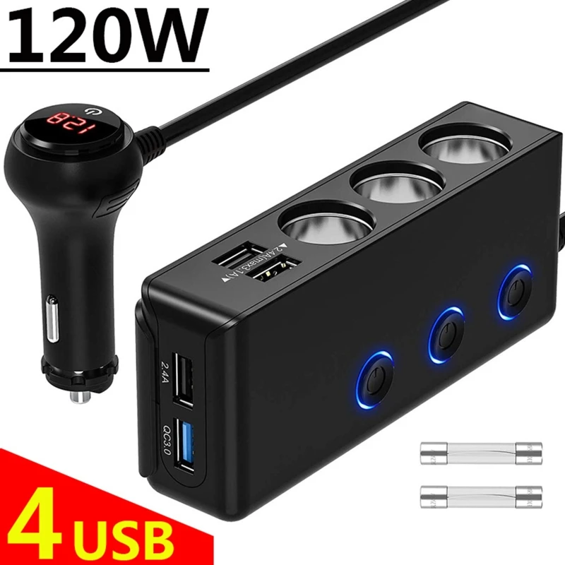 

Car Charger Cigarette-Lighter Splitter Current Output 4 USB Port +3 Cigarette lighter Port For Laptop Cellphone Tablet Charger