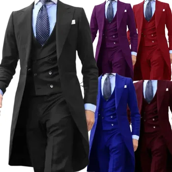 Abiti da uomo Cappotto a coda lunga con risvolto a punta 3 pezzi Blazer Gilet e pantaloni Set Abiti da sposa formali Cerimonia Serata Festa 1