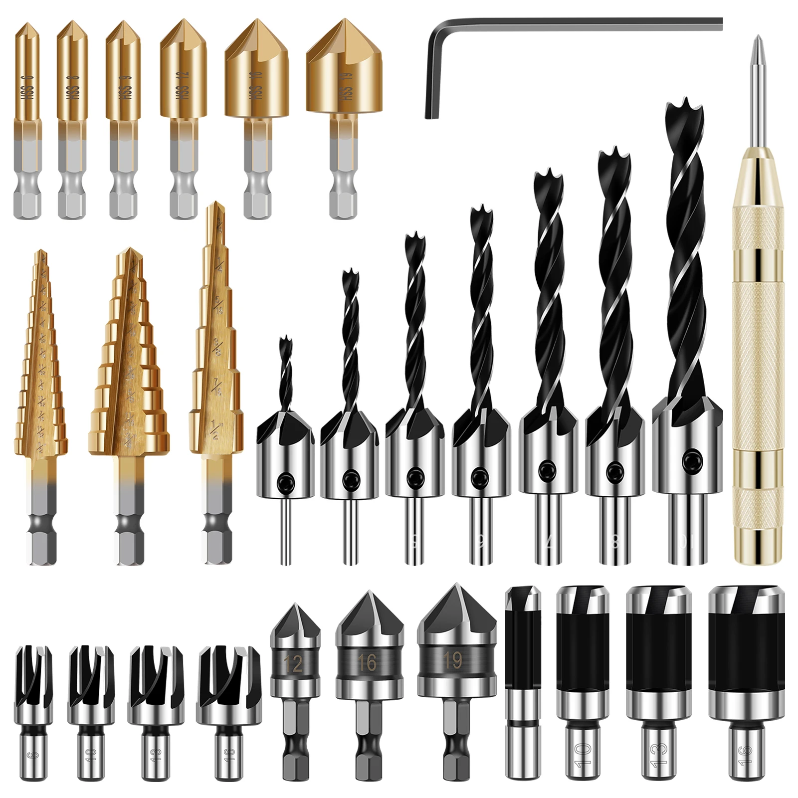 

29Pcs Countersink Drill Bit Chamfer Step Drill Bit HCS Punching Drill Bit Woodworking Tool for Particleboard Fiberboard PVC Pipe