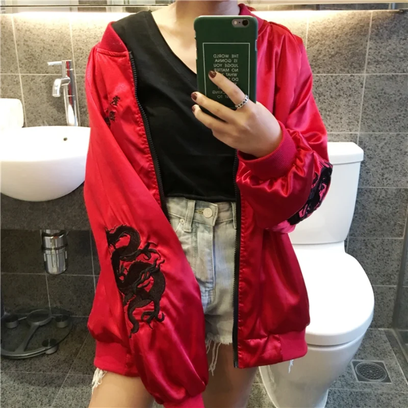 

Bomber Jacket For Women Pilot Jacket Totem Dragon Embroidered Baseball Spring Short Top Korean Fashion High Street Women Clothes