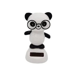 Solar Powered Cute Panda with Glasses - Automatic Head Swinging Car Dashboard Ornament and Gift (Black)