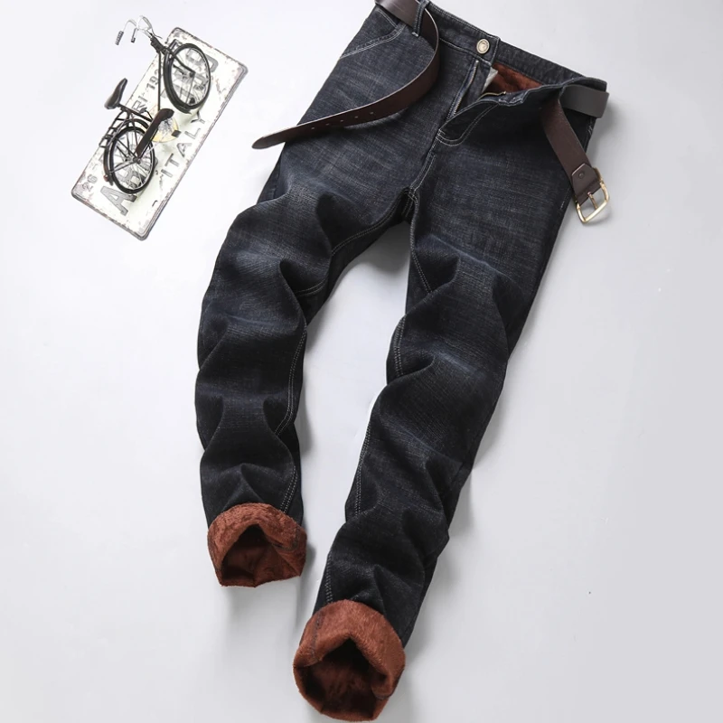 Black Straight Fleece Men Jeans Winter Elasticity Warm Velvet Thick Loose Stretch Denim Trousers Brand Male Fit Pants Baggy