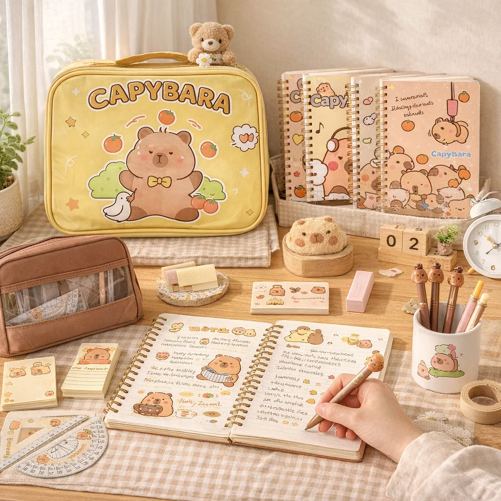 Relax with Capybaras: Adorable Stationery Set Featuring a Pencil Case, Notebook & Fountain Pen