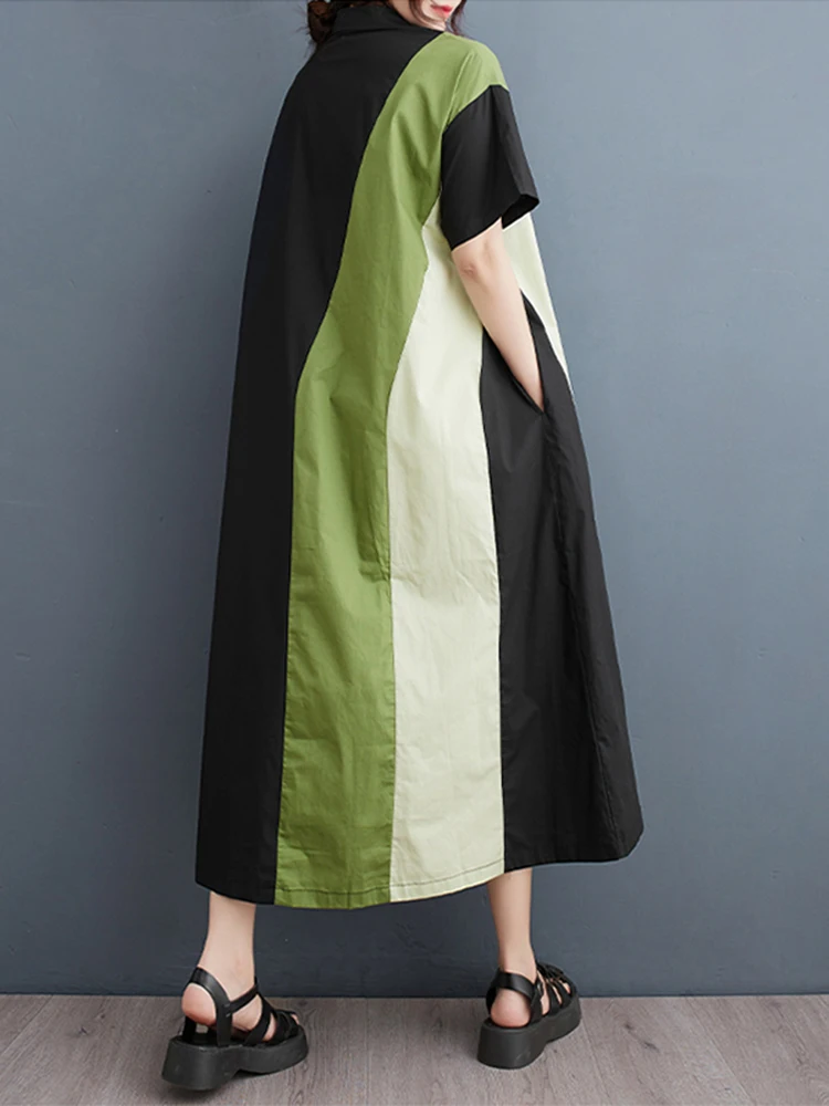 2025 Summer New Patchwork Contrast Color Shirt Dresses For Women Short Sleeve Loose Casual Long Dress Fashion Elegant Clothing