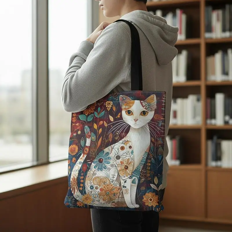 Eco-Friendly Cat Print Reusable Tote Bag - Large Capacity & Foldable Handbag