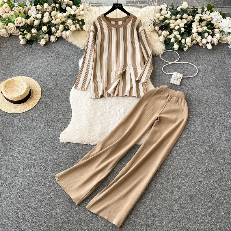 

Women's Hong Kong Style Retro Casual Suit, Loose Slit Striped Knitted Top, High-waisted Wide-leg Trousers, Autumn and Winter New