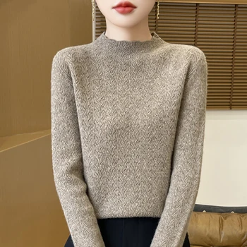 New Women Merino Wool Sweater Lace Half-high Collar Pullover Autumn Winter Cashmere Bottoming Knitwear Jacquard Hollow Out Tops