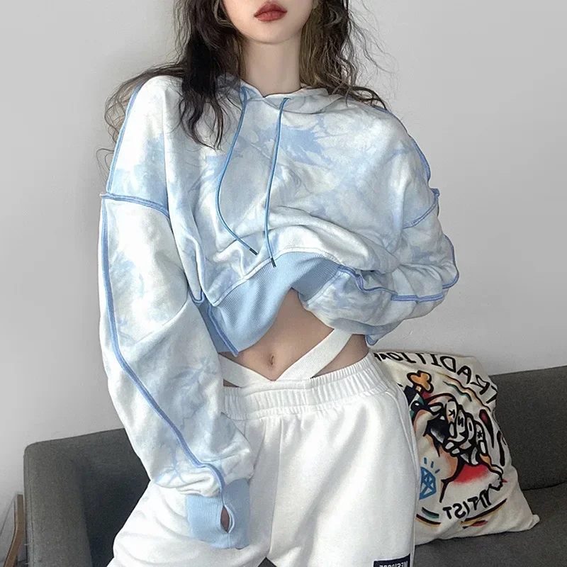 Fall and Winter New  Women's Short Loose Fashion Tie-dye Hooded Long Sleeve Blue Pullover Female Korean Hoodies Sweatshirt