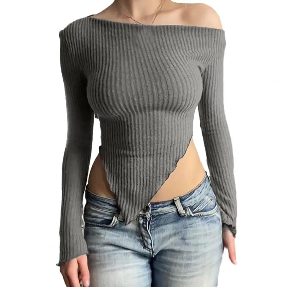 

Sweater Top Long Sleeve Knitted Blouse Oblique Neck One Shoulder Irregular Hem Slim Fit Elastic Soft Sweater Crop Top Blouse