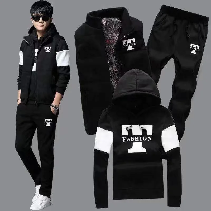 Pieces Set Hoodies+Vest+Pants Casual Men's Track Suit Clothing