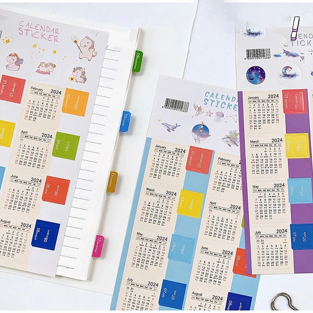 Pegatinas de calendario Kawaii, pegatinas de calendario mensual,  marcapáginas, cuaderno, Agenda, planificador, etiquetas de índice,  papelería, 2 hojas, 2024-2025 - AliExpress