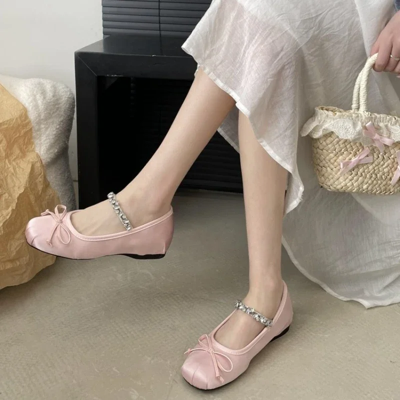 2024 New Spring Summer Flat Rhinestone Ballet Shoes Women's Shoes Retro Satin Mary Jane Shoes Ballet Flats Women Zapatos Mujer