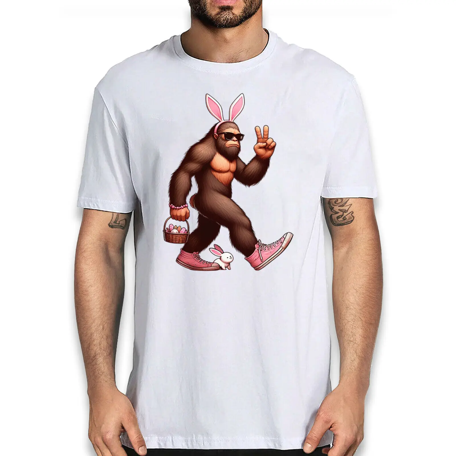 

Happy Easter Day Bigfoot Bunny Egg T-shirt - Peace Sign Holiday Graphic Tee