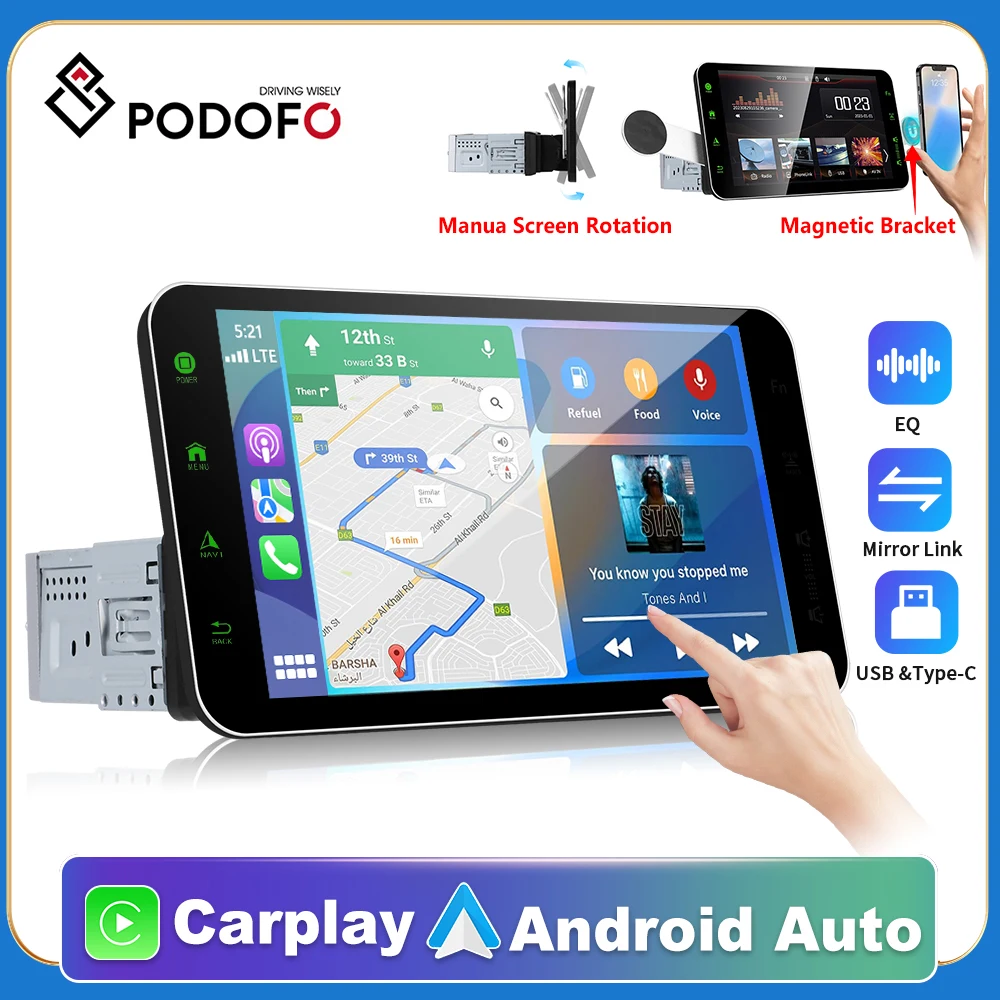 

Podofo 1 Din GPS Car Stereo Carplay Auto Radio MP5 Player 9" BT FM AM RDS Radio Receiver Suppport Rear Camera